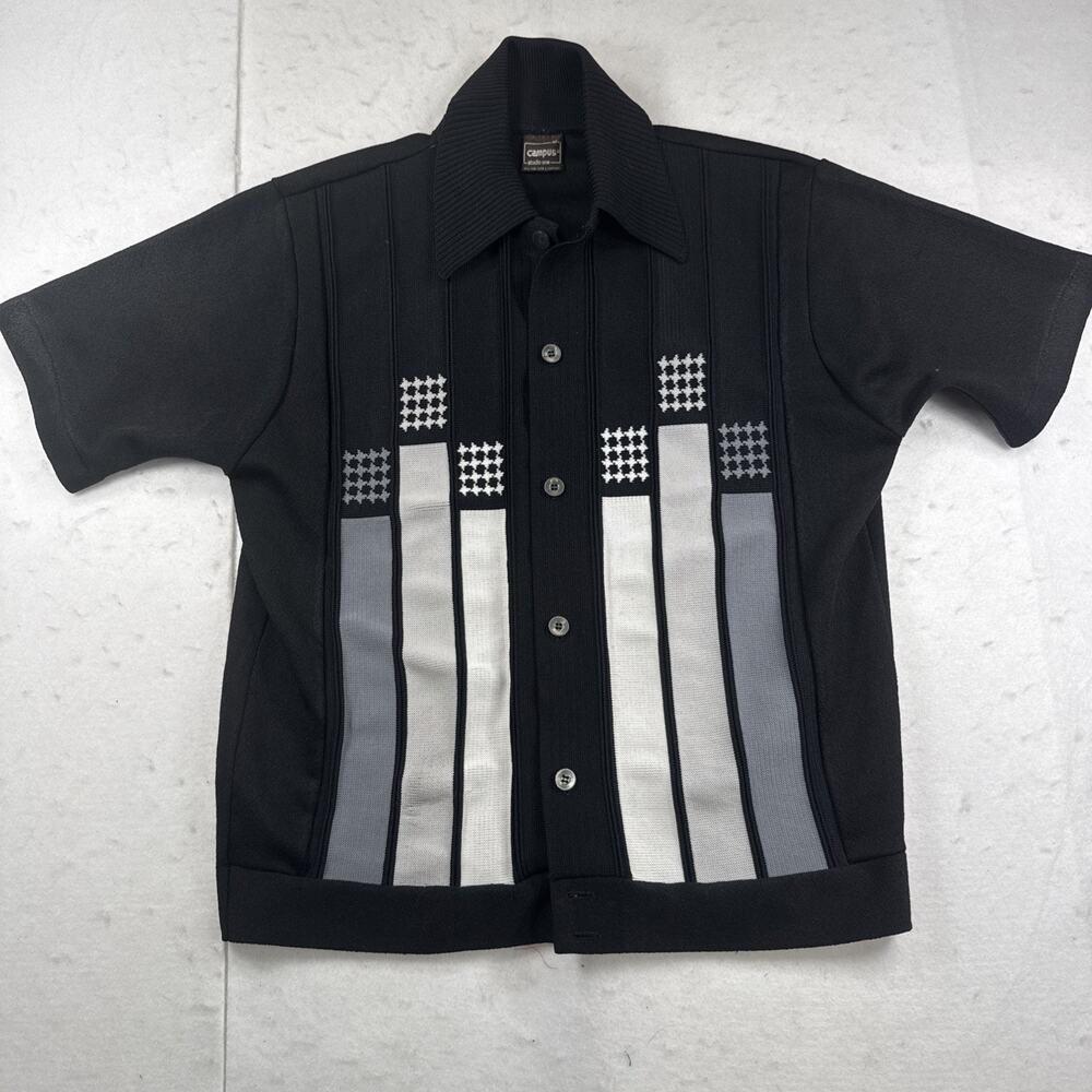 Vtg 70s Campus Studio One Knit Shirt M Black Grey Panel Rockabilly Mod Geometric